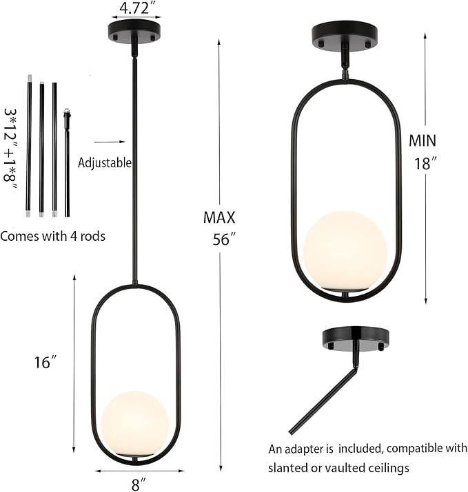 Modern Globe Pendant Light Mid Century Chandelier 1-Light Matte Black Ceiling Hanging Lighting Fixture with White Globe Glass Lampshade for Kitchen Island Dining Room Bedroom (2 Pack)