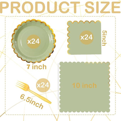 Sage green & gold scalloped party plates with napkins and fork gold foil border, 24 Guest green disposable Tableware Set Party Decoration for Birthday Coquette Bridal Baby Shower Valentines