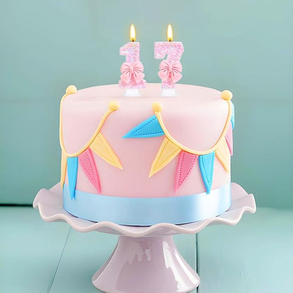 Number 17 Candle Pink Sequins and Bowtie 17th Cake Topper, 17 Birthday Candle for Girls Pastel Sweet Theme Birthday Party or Adults Milestone Age Decoration