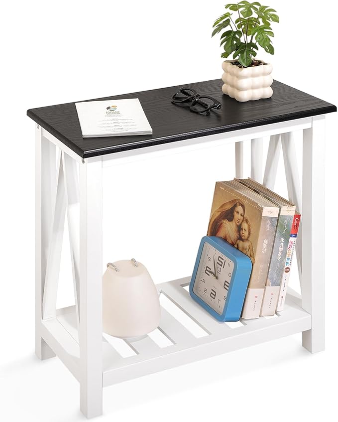 Farmhouse End Side Table Wood Frame Narrow Side Table with Shelves Black White Rectangular Night Stand Sofa Table for Couch, Small Spaces, Living Room, Bedroom