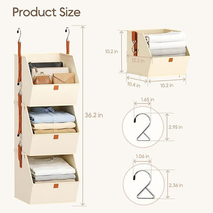 Collapsible Hanging Closet Organizer - 3 Tier Closet Shelves Storage System with Hooks, Fabric Hanging Storage Bins for Clothes, Foldable Storage Basket for Laundry, Bedroom, Rv, Beige