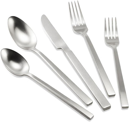 Stainless Steel Flatware Set Hand Forged 18/10 Silverware Set Cutlery Set Silver Cuboid Handle Matte Finished 20 Pieces Service for 4