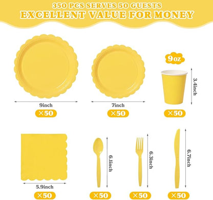 Vyntra 350 PCS Disposable Plates for Party, Paper Plates & Napkins Set with Cups, Knives, Forks, Spoons, 7'' Dessert and 9'' Dinner Plates for Birthday, Picnic, BBQ - Yellow