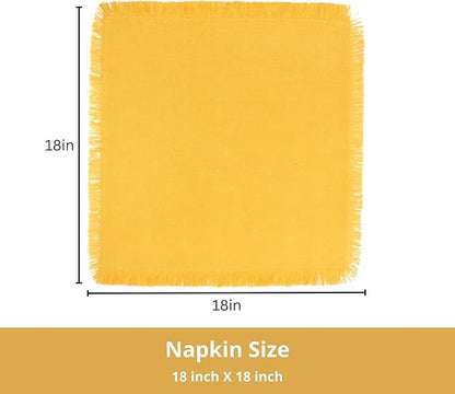 PurpleEssences Cloth Napkins with Fringes, 100% Cotton Christmas Holiday Winter Table Decor, Set of 6 18x18 Inch Reusable Dinner Napkins for Parties and Weddings - Golden Yellow