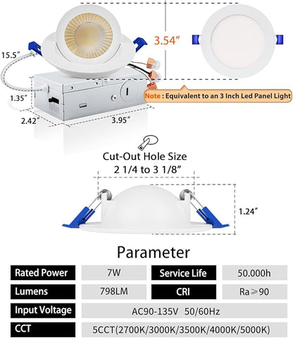 Adetu 3 Inch Gimbal Led Recessed Lighting, 360°+90° Adjustable Directional Recessed Lights, 2700K/3000K/3500K/4000K/5000K Dimmable Retrofit Eyeball Can Lights with Jbox,ETL (White, 12 Pack)