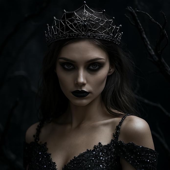 Gothic Black Spider Web Crown for Women Dark Queen Crystal Tiara Metal Headpiece Vampire Cosplay Masquerade Party Prom Night Witch Sorceress Costume Accessory