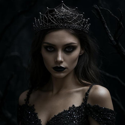 Gothic Black Spider Web Crown for Women Dark Queen Crystal Tiara Metal Headpiece Vampire Cosplay Masquerade Party Prom Night Witch Sorceress Costume Accessory
