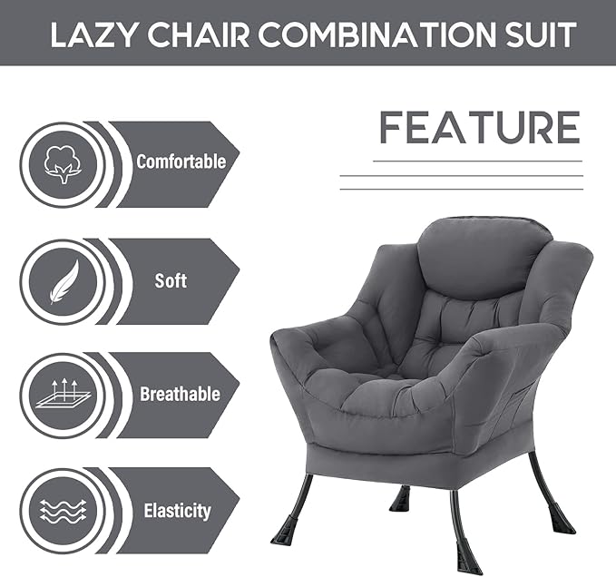 LITA Lazy Chair with Armrests and Side Pocket, Modern Upholstered Accent Reading Chair for Living Room, Bedroom, Dorm, Small Spaces, Single Dark Grey
