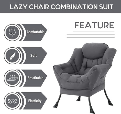 LITA Lazy Chair with Armrests and Side Pocket, Modern Upholstered Accent Reading Chair for Living Room, Bedroom, Dorm, Small Spaces, Single Dark Grey