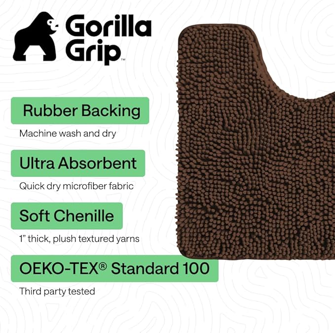 GORILLA GRIP Bathroom Rug Sets, Soft Chenille 2 Piece Area Rugs Set, Toilet Base Mat and 30x20 Carpet, Absorbent Microfiber Washable Mats Dry Quickly, Home Decor and Bath Room Accessories, Brown