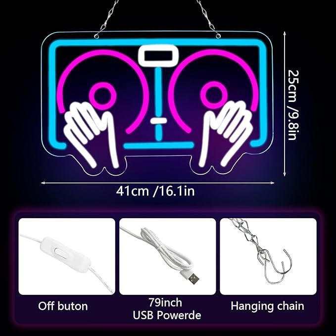 DJ Neon Sign USB Powered Neon Light Sign for Man Cave & Game Room, Dimmable DJ LED Neon Sign for Wall Decor, Cool Blue DJ Sign for Home Studio, Bar Wall Art