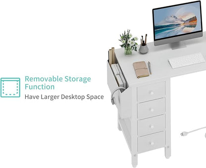 Lufeiya White L Shaped Computer Desk with Drawers & Storage Shelves, 47 Inch Corner Reversible Desk with Power Outlet for Home Office Bedroom, L-Shaped Teen PC Desks with Fabric Drawer, White