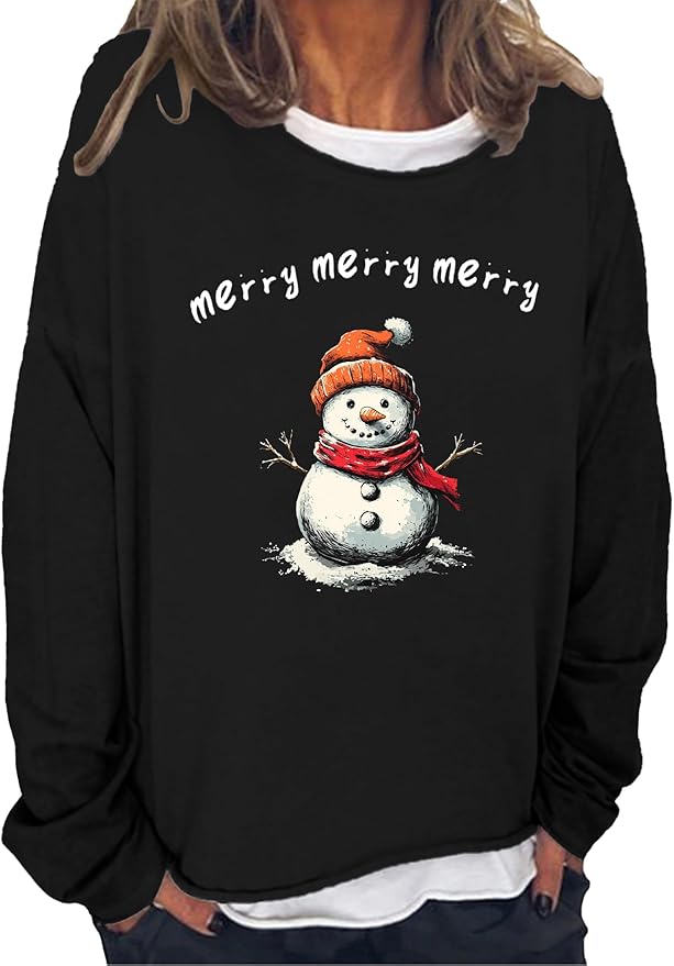 LOAIHA Christmas Shirts for Women Crewneck Snowman Snowflake Santa Graphic Shirts Christmas Tree Long Sleeve Xmas Hoodie