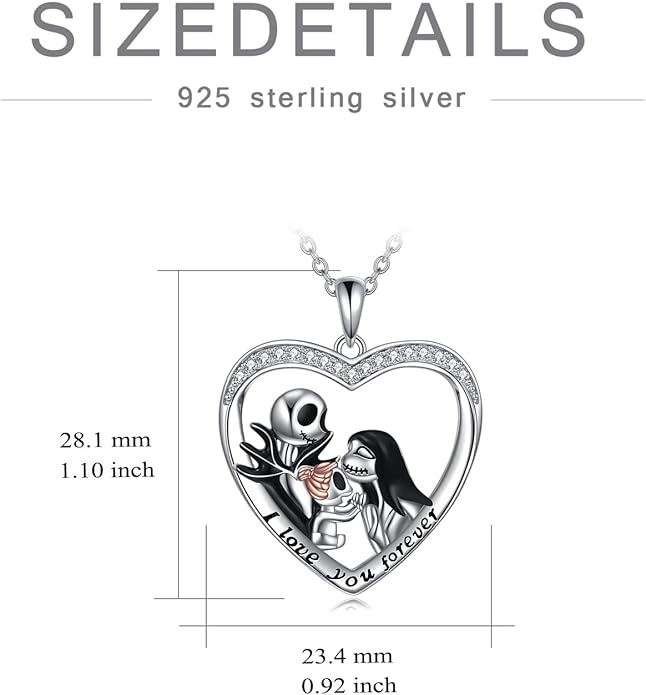 LILALO Christmas Gifts Nightmare Necklace Sterling Silver Abalone Shell Crystal Jack and Sally Necklace Jack Skellington Skull Jewelry Skull Necklaces for Women