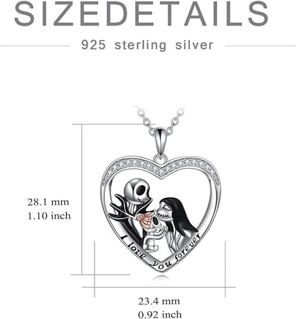 LILALO Christmas Gifts Nightmare Necklace Sterling Silver Abalone Shell Crystal Jack and Sally Necklace Jack Skellington Skull Jewelry Skull Necklaces for Women