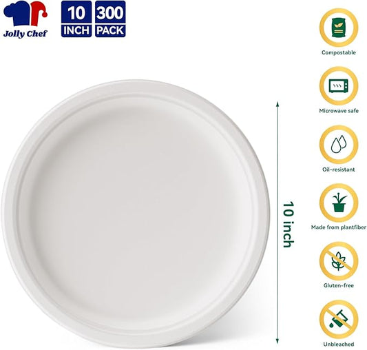 JOLLY CHEF Compostable Heavy Duty Plates 𝟭𝟬 𝗜𝗻𝗰𝗵 [𝟯𝟬𝟬 𝗣𝗮𝗰𝗸] Eco-Friendly Disposable White Paper Plates Made of Bagasse Biodegradable Bulk for Party Dinner Sugarcane Lunch Christmas
