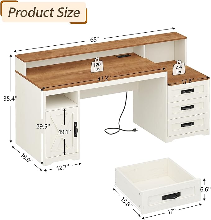 TVU Farmhouse Computer Desk with Drawers, 65'' Home Office Desk with Power Outlets, Storage Cabinet and Printer Stand, Study Writing Desks with Long Monitor Stand, Brown and White