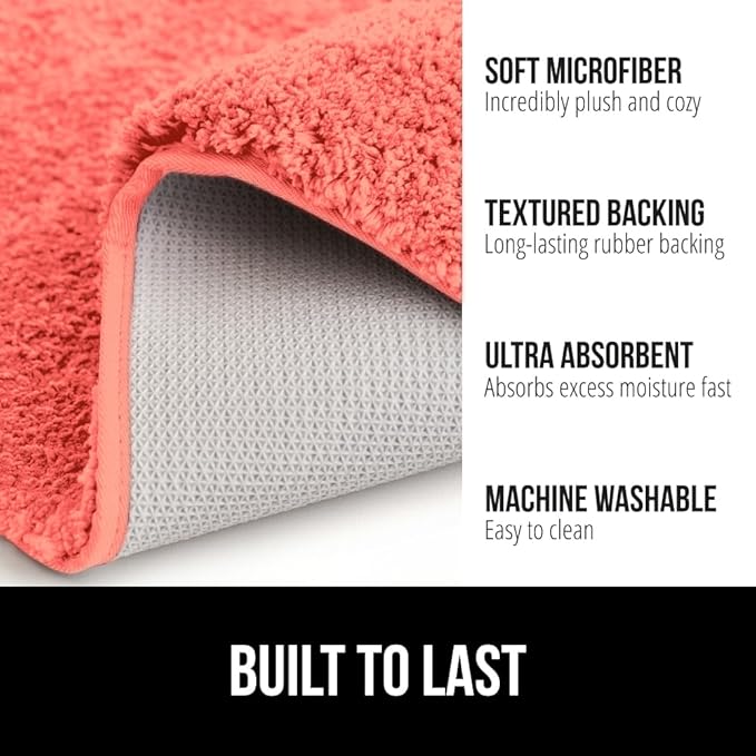 GORILLA GRIP Bathroom Rugs, Ultra Soft Absorbent Mat, Thick Plush Bath Rug, Machine Washable, Microfiber Quick Dry, Mats for Shower, Bathtub and Floor, Home Decor Accessories, 24x17, Coral