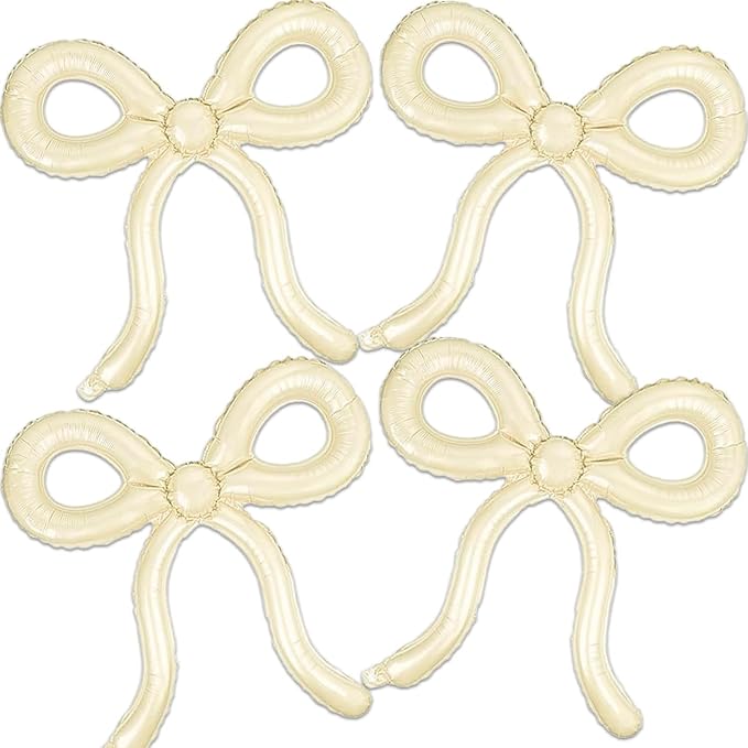 4 Pcs Beige Bow Balloons Cream White Bow Decorations for Girls Women Bow Themed Birthday Party Supplies for Baby Shower, Gender Reveal, Wedding, Bachelorette, One Silly Goose Event Decor