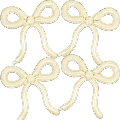4 Pcs Beige Bow Balloons Cream White Bow Decorations for Girls Women Bow Themed Birthday Party Supplies for Baby Shower, Gender Reveal, Wedding, Bachelorette, One Silly Goose Event Decor