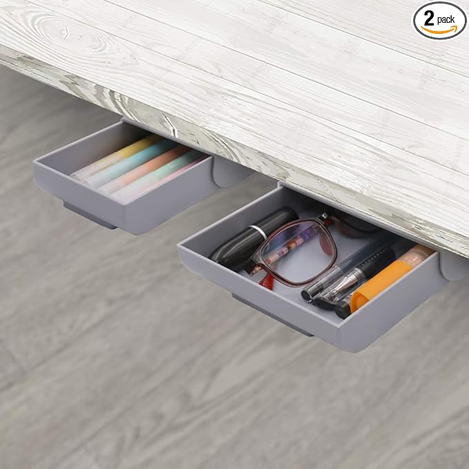 Desk Drawer Attachment, 2 Pack Pencil Organizer, Hidden Desk Organizer, Under Desk Organizer Adhesive, Pen Holder, Desk Accessories & Workspace Organizers, Pen Drawers, Drawer Tray Storage Desktop