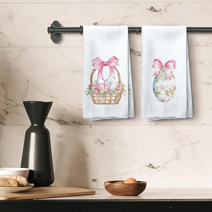 Coquette Pink Bow Easter Kitchen Towels Set of 2, Easter Eggs Decor Hand Towels, PinkEaster Dish Towels Dishcloths Tea Towels for Kitchen, EasterKitchen Bathroom Decor, 16x24 Inch