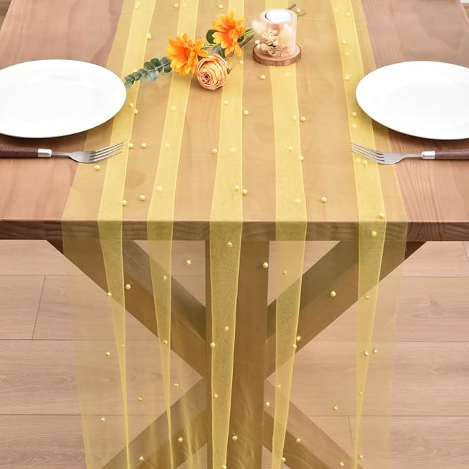 Yellow Pearl Fall Thanksgiving Table Runner Boho Rustic Tulle Lace Table Runner for Baby Shower Wedding Arch Decor Veil Dessert Table Decor