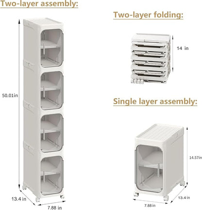 4-Tier Tall Narrow Storage Cabinet, Slim Bathroom Storage Cabinet with Adjustable Shelves and Wheels, Narrow Organizer for Small Space, Bathroom, Kitchen, Laundry, White