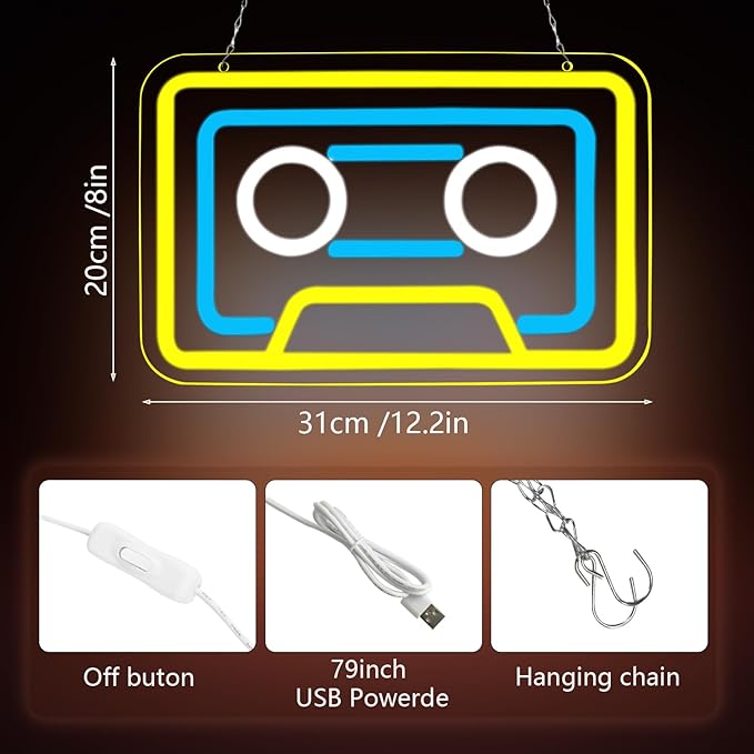 Retro Cassette Neon Sign Vintage Yellow USB Mood Light Music Studio Gaming Room Bar Bedroom Decor