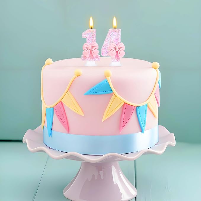 Number 14 Candle Pink Sequins and Bowtie 14th Cake Topper, 14 Birthday Candle for Girls Pastel Sweet Theme Birthday Party or Adults Milestone Age Decoration
