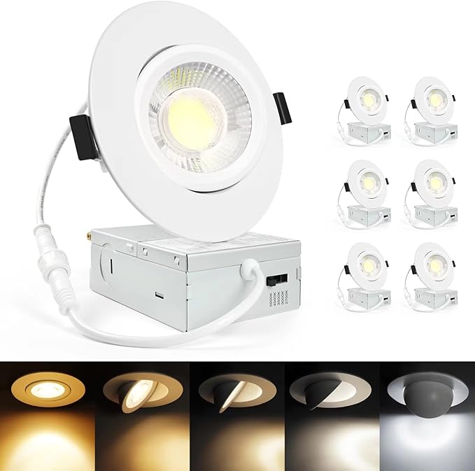 4 Inch Gimbal Led Recessed Light, 2700K/3000K/3500K/4000K/5000K Dimmable Retrofit Eyeball Can Light with Jbox 12W, Waterproof Recessed Lighting for shower, Recessed Ceiling LED Lights.(6 Pack) ﻿