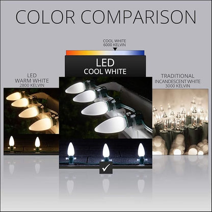 Wintergreen Lighting 25 C9 OptiCore LED Commercial Outdoor Christmas Lights – Heavy Duty Christmas String Lights; Green Wire (25 ft, Cool White Smooth/Opaque)