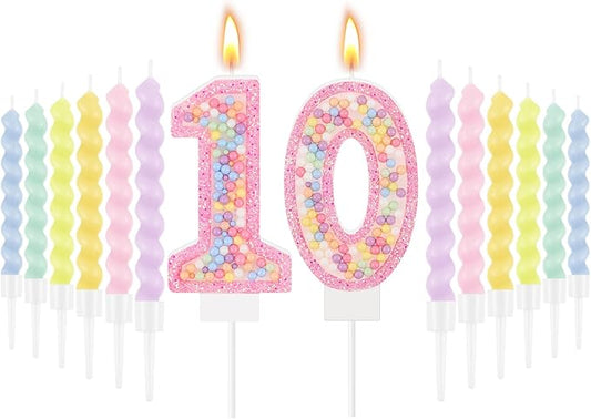 MTLEE Number 10 Birthday Candle with 12 Pcs Spiral Candles for Girls Macaron Pastel Rainbow Unicorn Pink Cake Topper for Sweet Theme Party Decoration