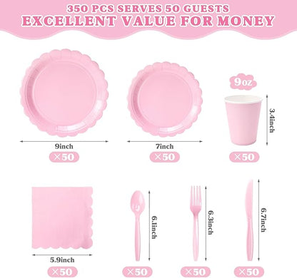 Vyntra 350 PCS Disposable Plates for Party, Paper Plates & Napkins Set with Cups, Knives, Forks, Spoons, 7'' Dessert and 9'' Dinner Plates for Baby Girl Shower, Birthday, Valentine’s Day - Light Pink