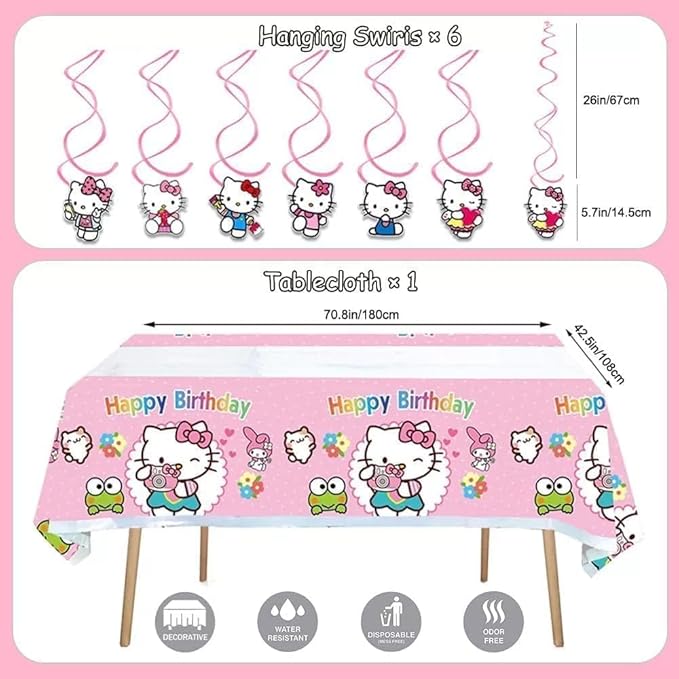 49Pcs - Kitty Birthday Party Decorations Set, Pink Theme with Banner, Balloons, Tablecloth, Cake Toppers..。