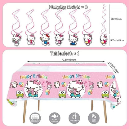 49Pcs - Kitty Birthday Party Decorations Set, Pink Theme with Banner, Balloons, Tablecloth, Cake Toppers..。