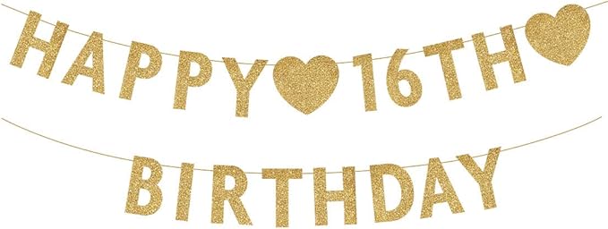 Gold Happy 16th Birthday Banner, Glitter 16 Years Old Boy or Girl Party Decorations, Supplies