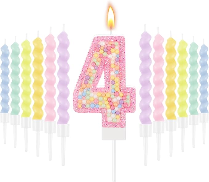 MTLEE Number 4 Birthday Candle with 12 Pcs Spiral Candles for Girls Macaron Pastel Rainbow Unicorn Pink Cake Topper for Sweet Theme Party Decoration