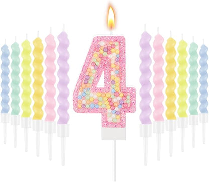 MTLEE Number 4 Birthday Candle with 12 Pcs Spiral Candles for Girls Macaron Pastel Rainbow Unicorn Pink Cake Topper for Sweet Theme Party Decoration
