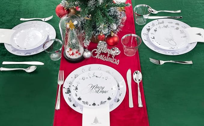 Ciaell 175PCS Christmas Plastic Plates - White and Silver Plastic Plates for 25 Guests - Include 50 Disposable Plate, 25 Knives, 25 Spoons, 25 Forks and 25 Christmas Tree Napkins for Xmas Party