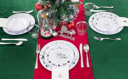 Ciaell 175PCS Christmas Plastic Plates - White and Silver Plastic Plates for 25 Guests - Include 50 Disposable Plate, 25 Knives, 25 Spoons, 25 Forks and 25 Christmas Tree Napkins for Xmas Party