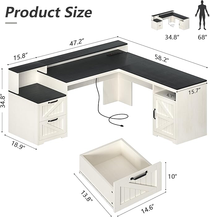 63" Farmhouse L Shaped Executive Desk with Drawers & Storage Shelf, Corner Computer Desk with Power Outlets, L Shaped Office Desk with Monitor Stand, Printer Shelf, Black and White