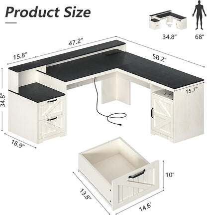 63" Farmhouse L Shaped Executive Desk with Drawers & Storage Shelf, Corner Computer Desk with Power Outlets, L Shaped Office Desk with Monitor Stand, Printer Shelf, Black and White