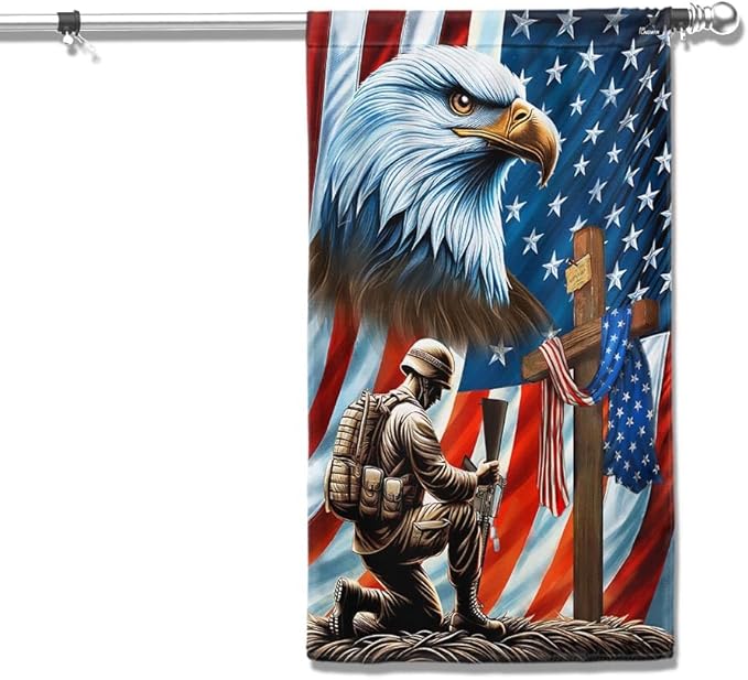 American Flag-Patriotic Eagle Veteran Kneeling Soldier Christ Cross Memorial Day American Flag MLN2793F, Garden Flag (11.5" x 17.5")-USA Flags Premium Polyester-Decorative Indoor Outdoor Flag