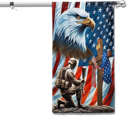 American Flag-Patriotic Eagle Veteran Kneeling Soldier Christ Cross Memorial Day American Flag MLN2793F, Garden Flag (11.5" x 17.5")-USA Flags Premium Polyester-Decorative Indoor Outdoor Flag