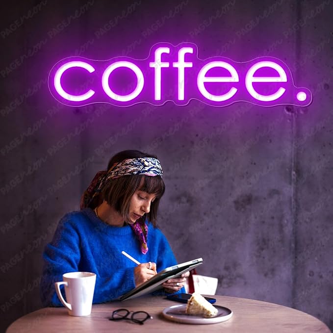 Coffee Neon Sign (32x8'', Remote and Plug included) Cafe Led Light coffee. led light coffee shop decorations wall decor (32x8" - Purple)