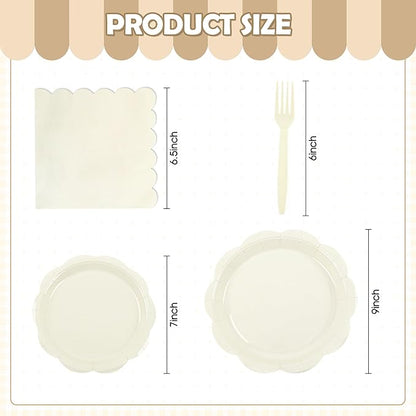 96 Pcs Ivory Paper Plates and Napkins Set Party Supplies, Tableware set for 24 Guest include Disposable Ivory Scalloped Plates, Napkins and Forks for Baby Shower Bridal Shower Wedding