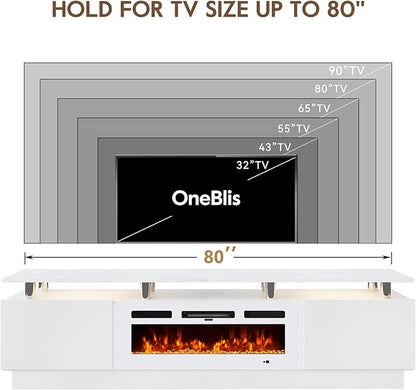 80" Entertainment Center & TV Stand, Modern Media Console with Storage Cabinet, Fits TVs up to 90", Living Room Furniture, 36" Electric Fireplace (All White)