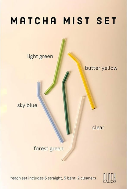 10 Pcs Matcha Reusable Glass Drinking Straws, Colorful and Durable Glass Straws for Beverages, Smoothies, Iced Coffee, Juice, Set of 10-5 Straight, 5 Bent, 2 Cleaning Brushes (Matcha Mist Set)