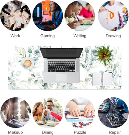 QIYI Large Mouse Pad, Cute Green Leaves Desk Mat for Desktop, Women Girls Office Décor Desk Accessories, PU Leather Waterproof Gaming Mousepad, Eucalyptus Leaf Desk Pad Computer Mat, 31.5" x 11.8"